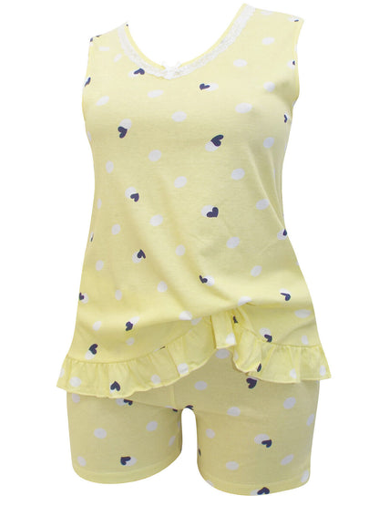 Italian Bisbigli Yellow Pure Cotton Heart Print Shorts Pyjama Set UK 10 14 16 20