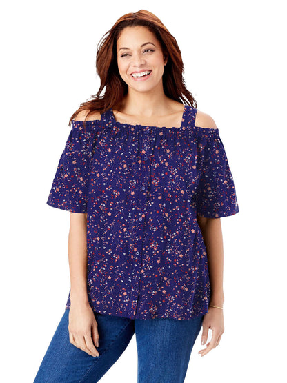Woman Within Navy Blue Printed Cold Shoulder Blouse 24/26, 28/30, 36/38