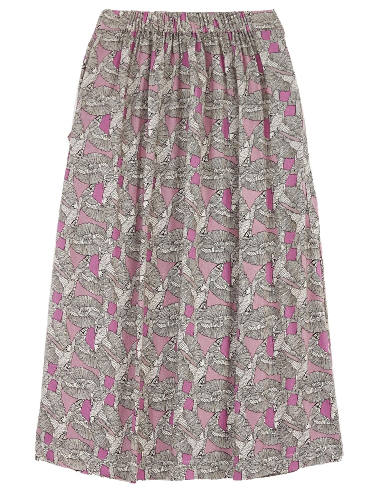 EX White Stuff Skirt Midi Lightweight Pink Bird Elasticated Waist 10 12 14 18 20