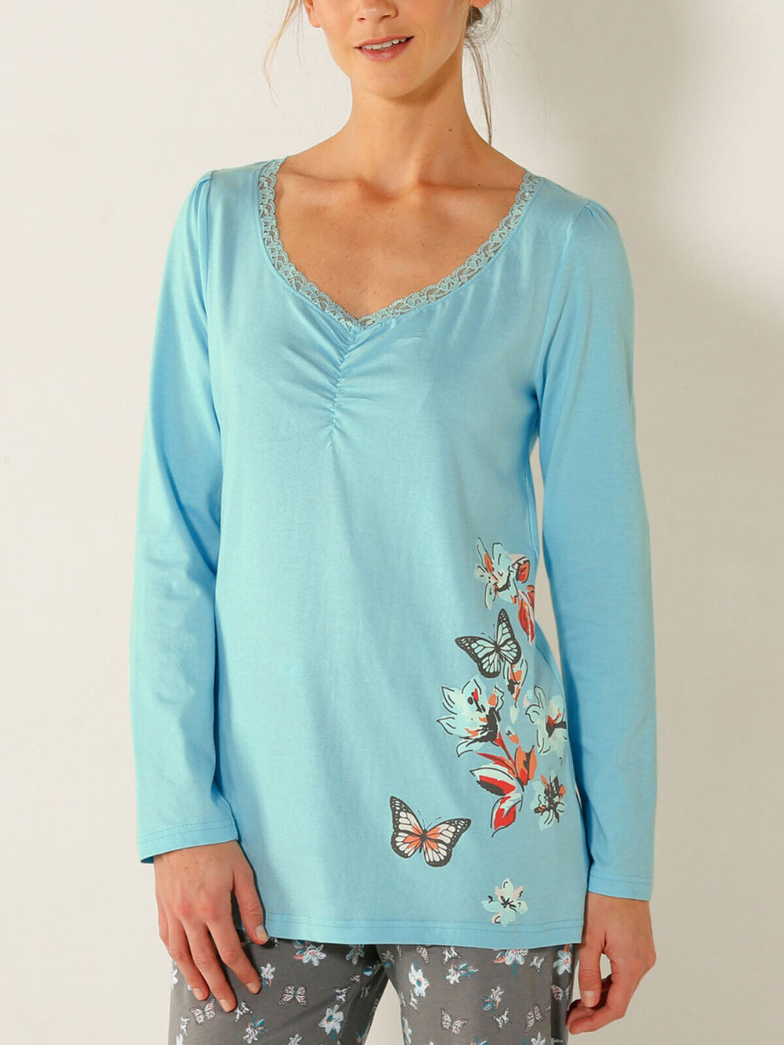 Blancheporte Aqua Pure Cotton Butterfly Print Lace Trim Pyjama Top Sizes 14-26