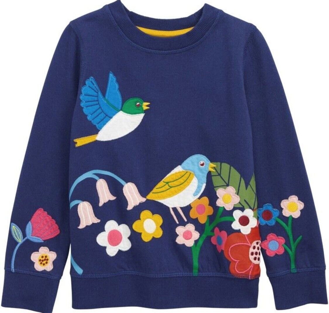 Mini Boden Girls Cosy Applique Sweatshirt Starboard Blue Garden 2-12 YRS SECONDS