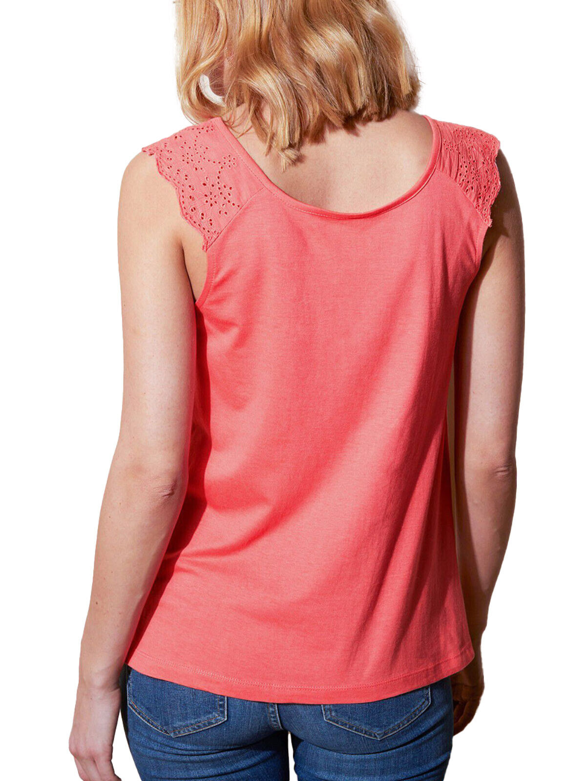 Blancheporte Coral Cotton Blend Sleeveless Broderie Trim Top in Sizes 14-26