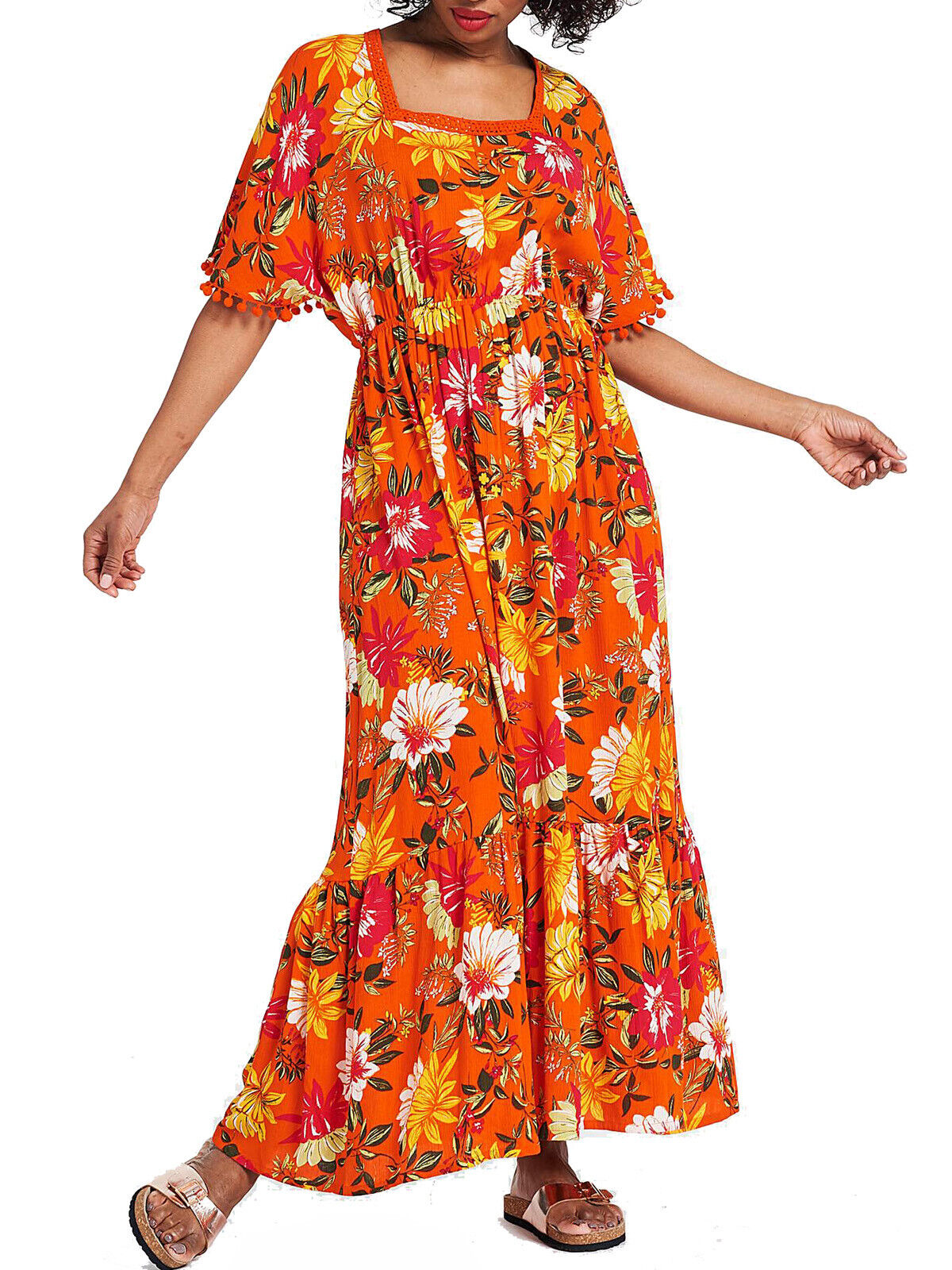 JD Williams Orange Floral Print Crinkle Maxi Dress 12, 14, 18, 24, 32 RRP £39