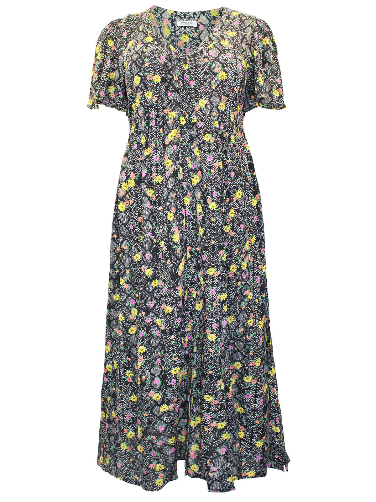 Simply Be Black Floral Print Button Through Tea Dress Sizes 20, 22, 24, 26, 28