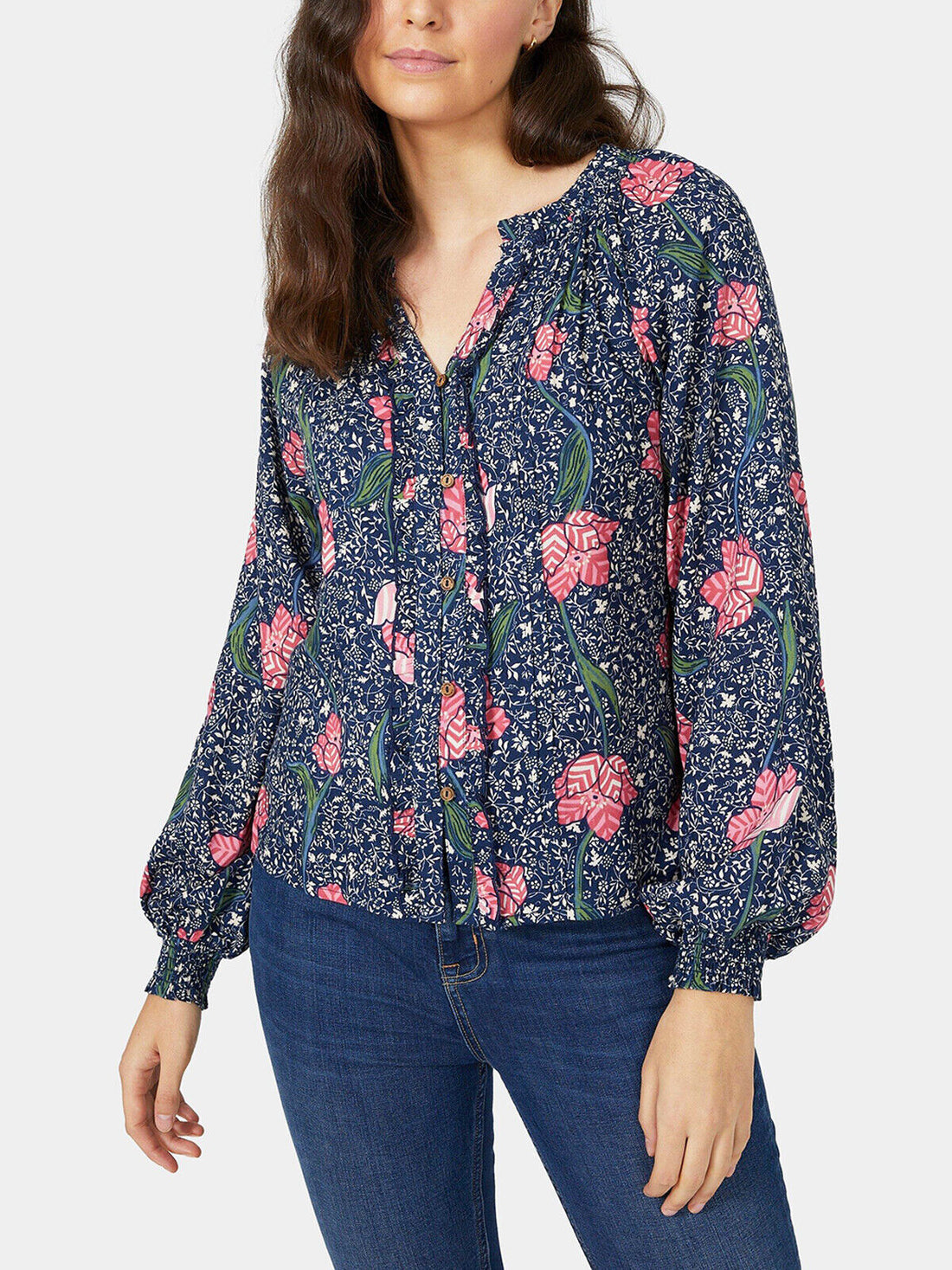 Mantaray Navy Floral Print Button Through Shirred Cuff Top 10, 16, 18 RRP £42