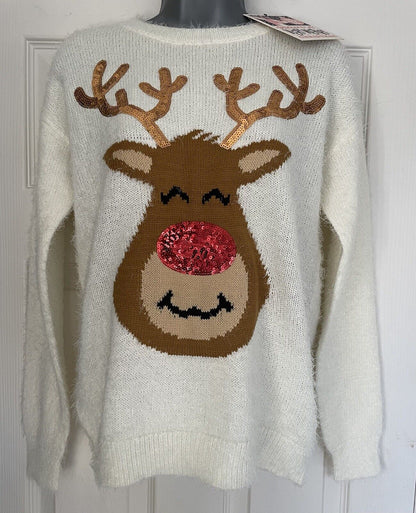 Ladies Cream Sequin Reindeer Fluffy Knit Christmas Jumper 10, 12, 14, 16, 18