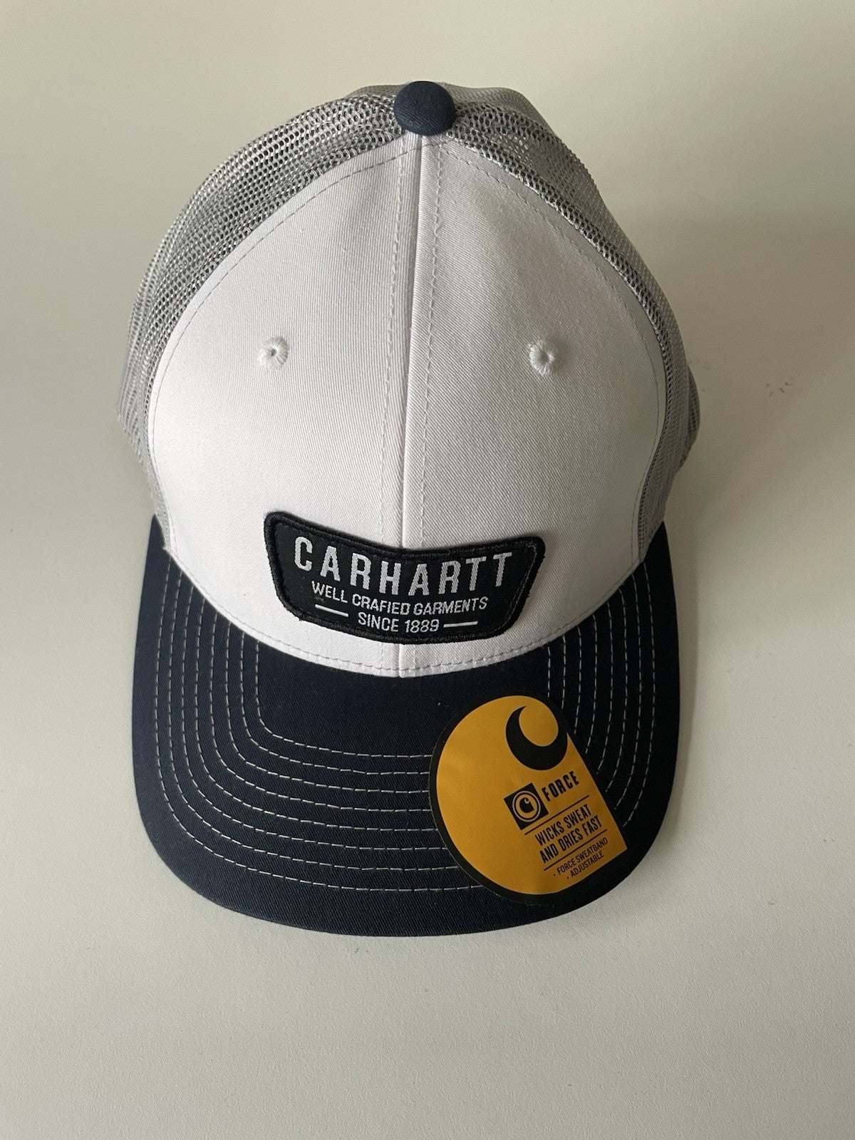 Carhartt Navy/White/Grey Force Cap Canvas Mesh Back Graphic Logo Workwear Cap0