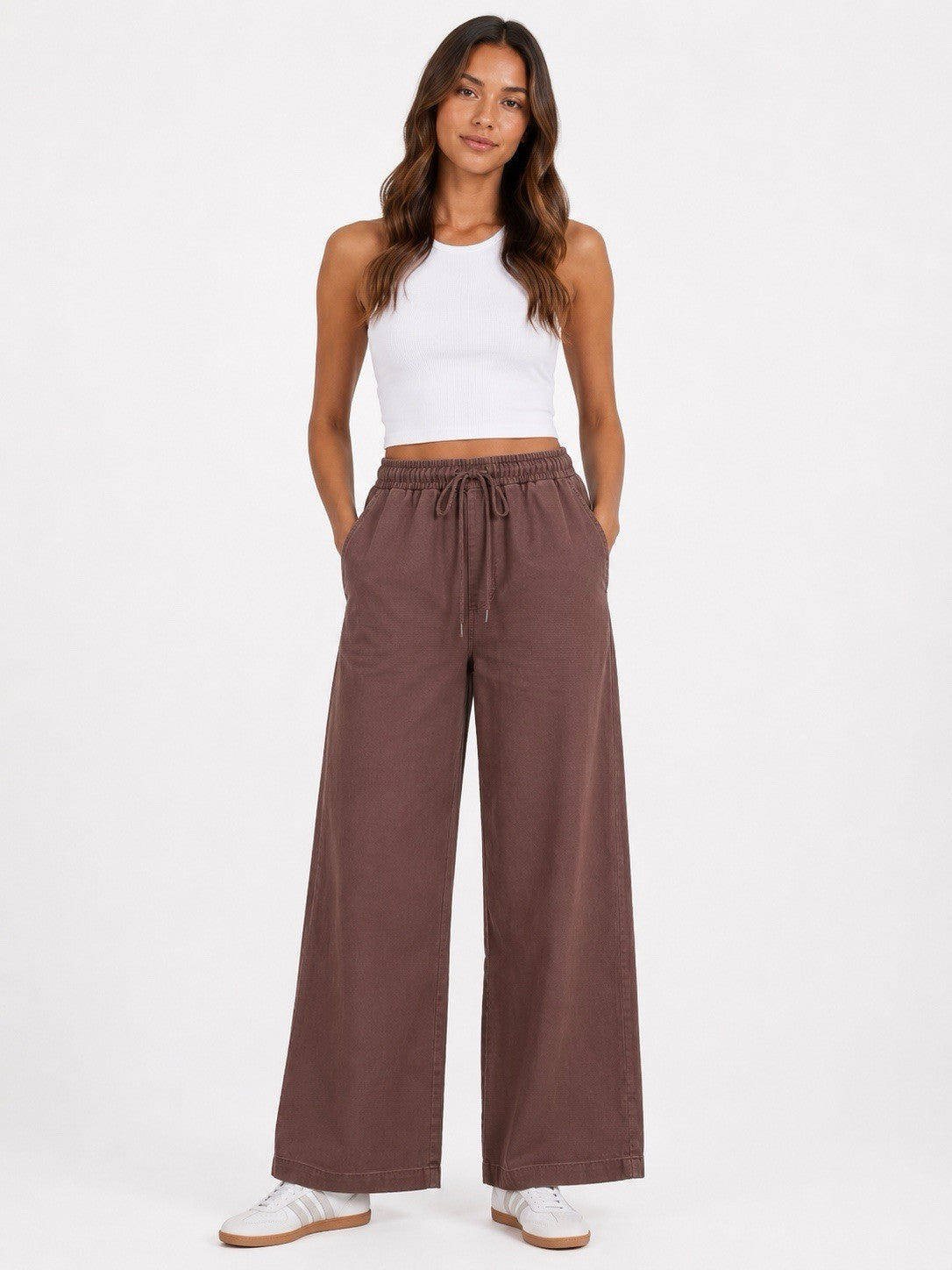EX M*S Chocolate Brown Soft Denim Wide Leg Elasticated Drawsting Jeans Size 14S0