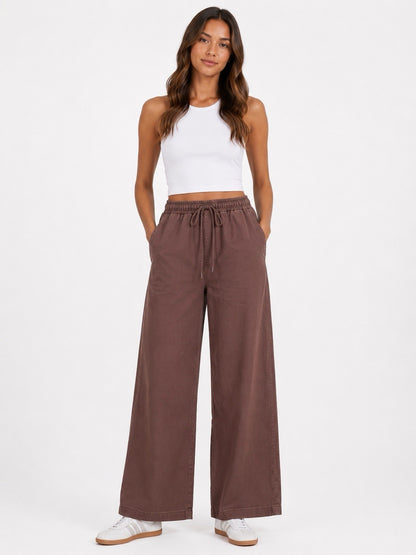 EX M*S Chocolate Brown Soft Denim Wide Leg Elasticated Drawsting Jeans Size 14S0