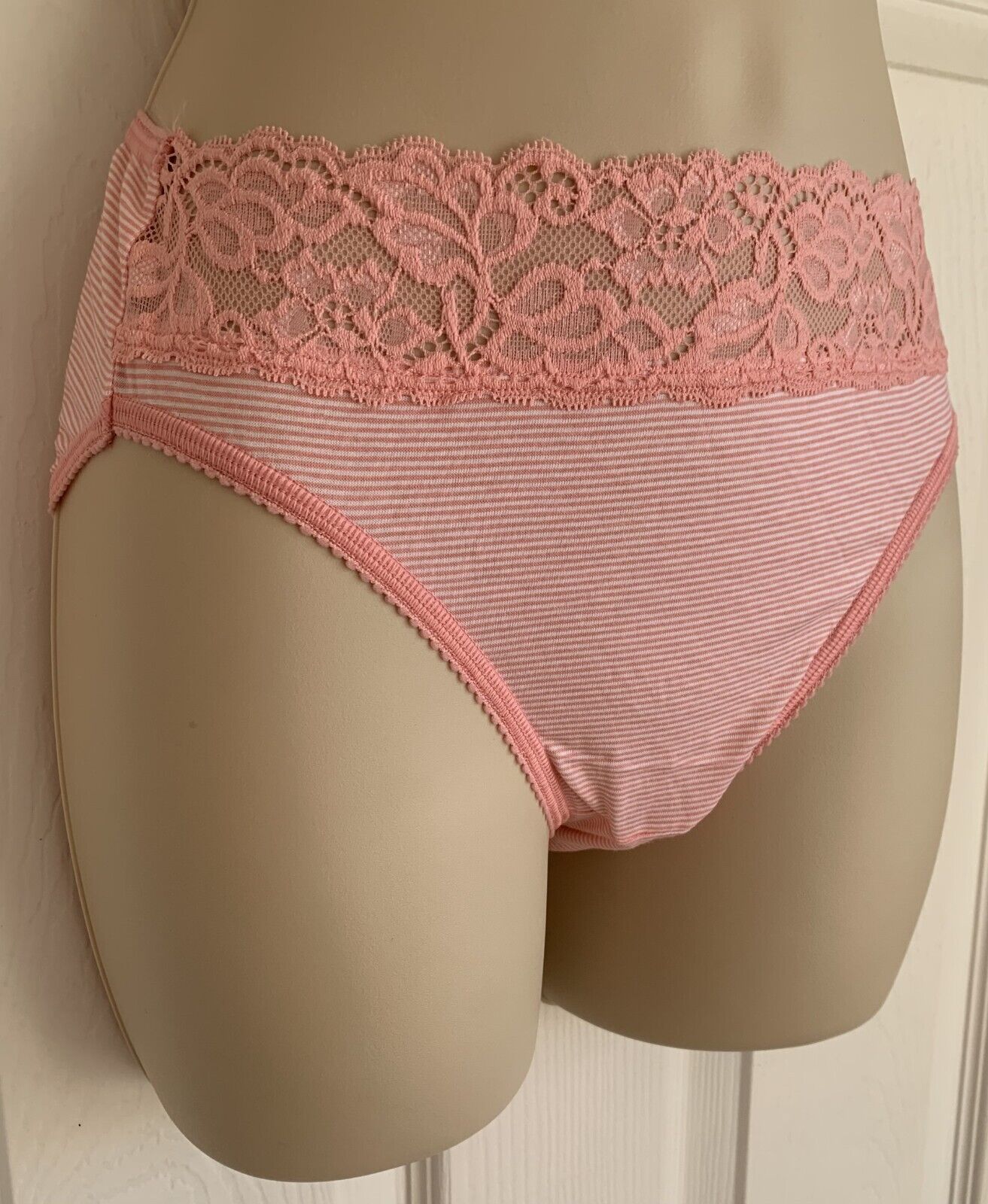 EX M*S Dusty Pink Stripe Cotton Rich Lace Striped High Leg Knickers Size 10-22