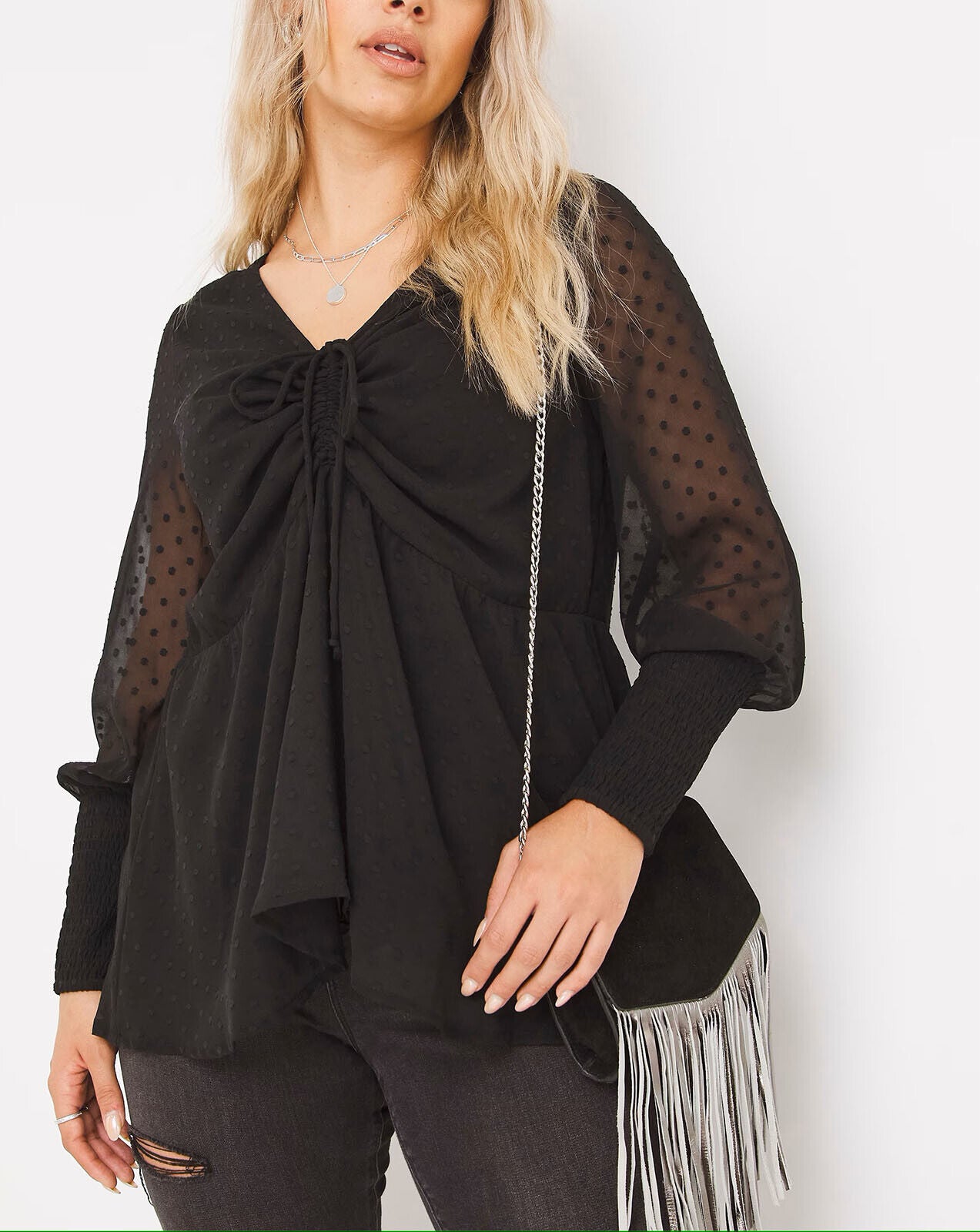 Simply Be Black Ruched Front Dobby Blouse with Shirred Cuffs Sizes 16-32 RRP £30