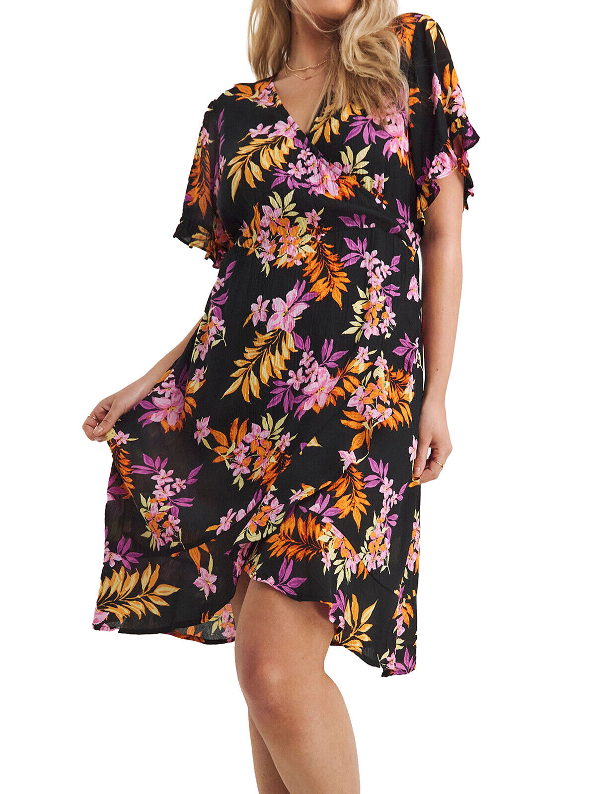 Simply Be Black Tropical Print Crinkle Wrap Skater Dress Size 20, 22, 24, 26, 30