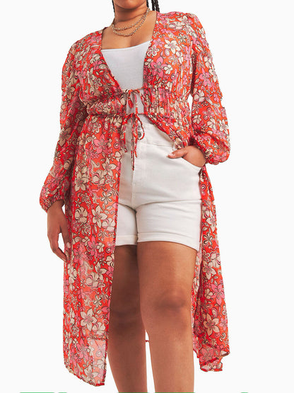 Simply Be Coral Floral Print Tie Detail Longline Kimono 12, 16, 18, 20, 28, 30