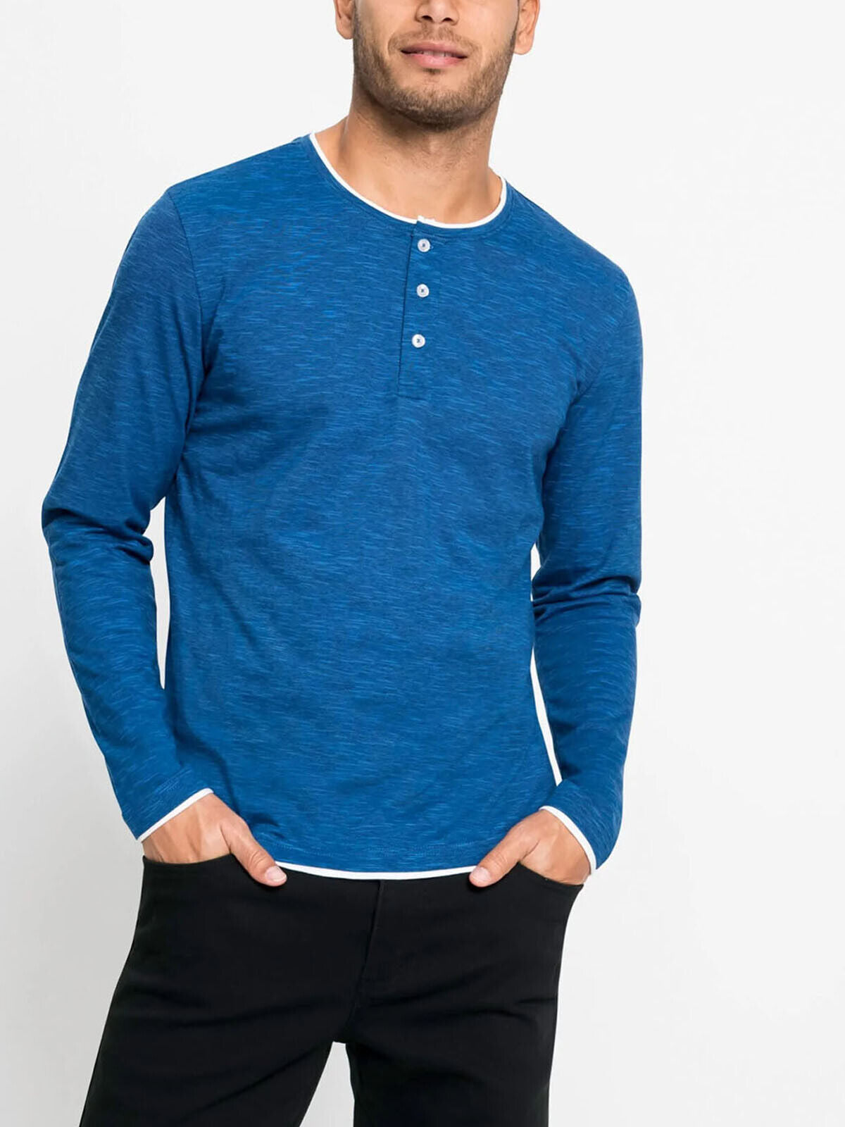 BPC Blue Mens Pure Cotton Henley Neck Long Sleeve T-Shirt Sizes L, XL, 2XL, 3XL