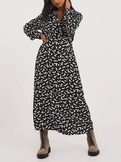 JD Williams Black Mono Print Collared Viscose Midi Tea Dress Sizes 18-30 RRP £40