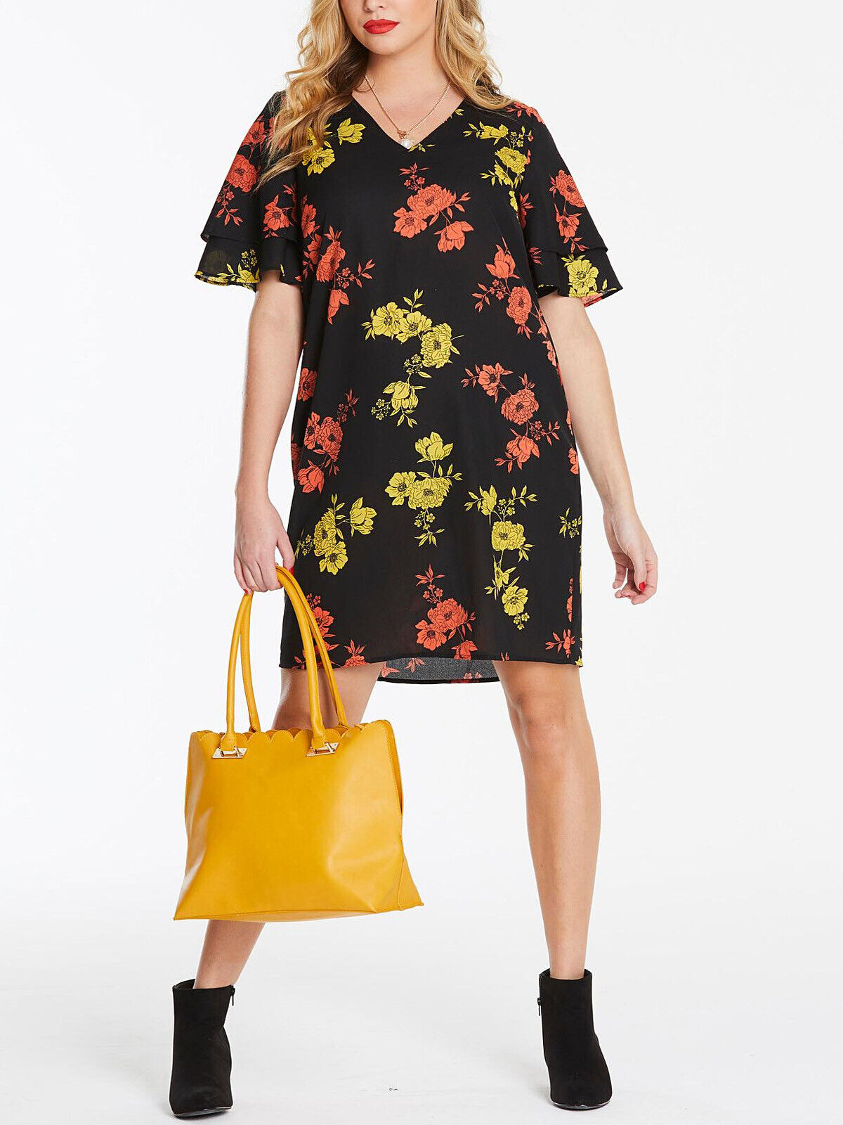 New Capsule Black Floral Print Ruffle Sleeve Dress in Sizes 16, 20, 26