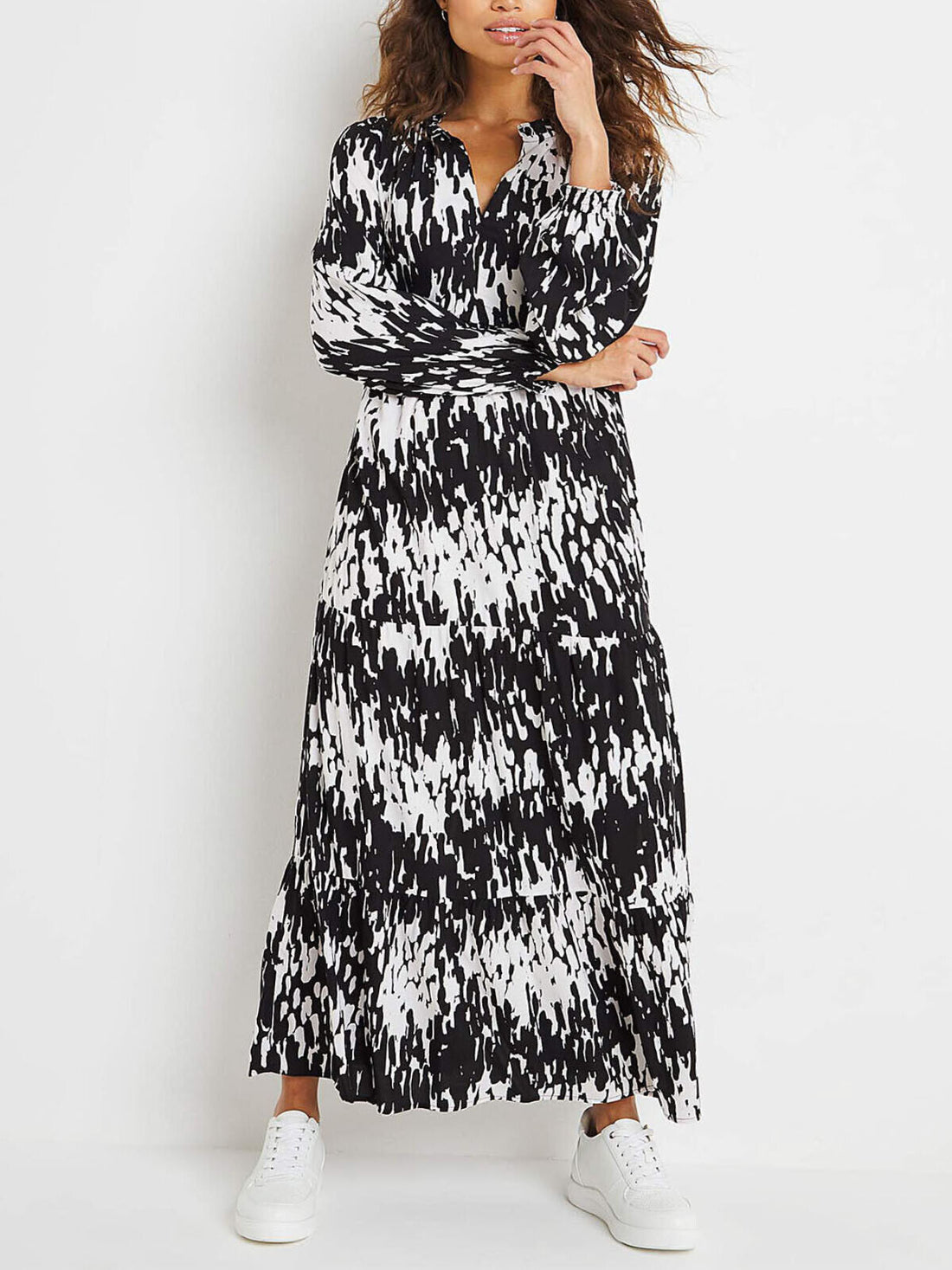 JD Williams Black Mono Print Frill Collar Balloon Sleeve Maxi Dress Sizes 14-32