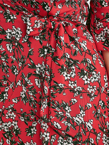 Ellos Red Floral Print Wrap Front Midi Dress in UK Size 26