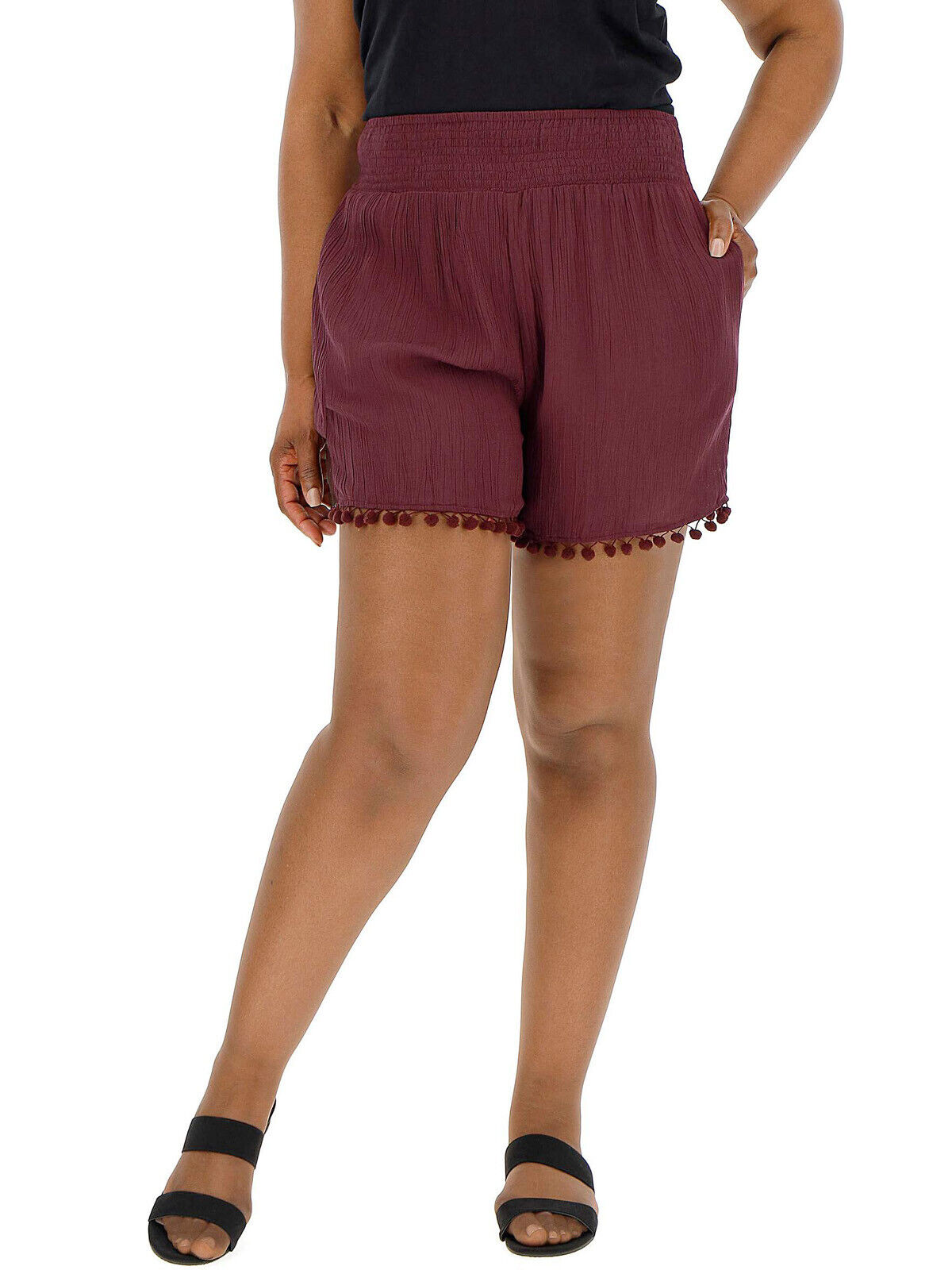 New Capsule Aubergine Crinkle Pom Pom Hem Shorts in Size 24