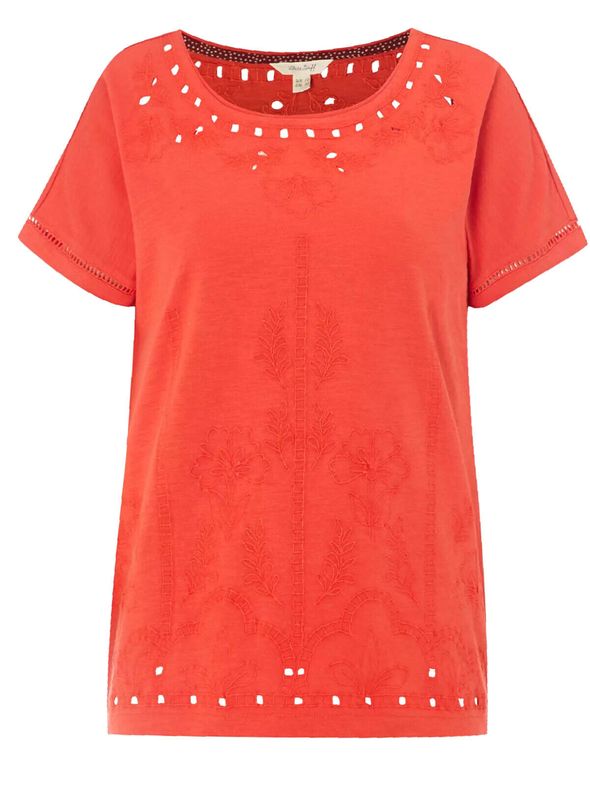 EX White Stuff Indian Orange Joyce Embroidered Jersey T-Shirt in Size 10