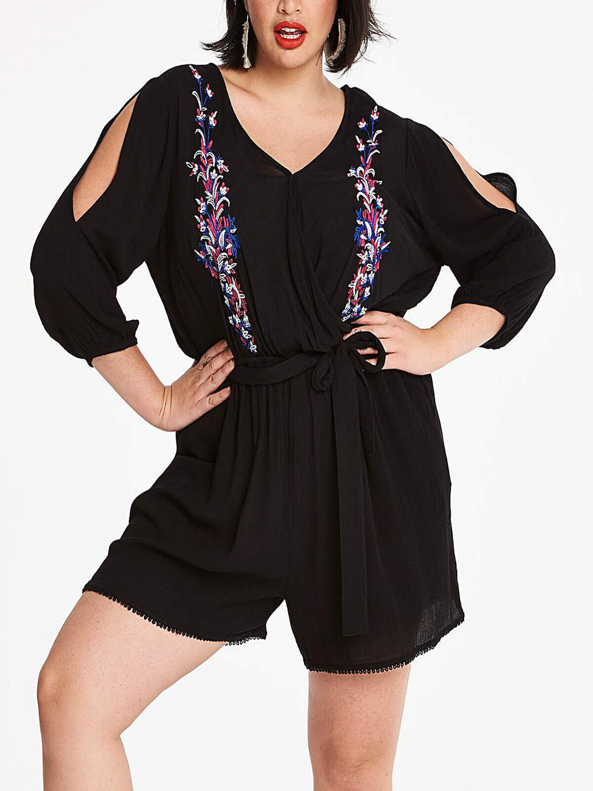 New Simply Be Black Embroidered Split Sleeve Playsuit in Size 12