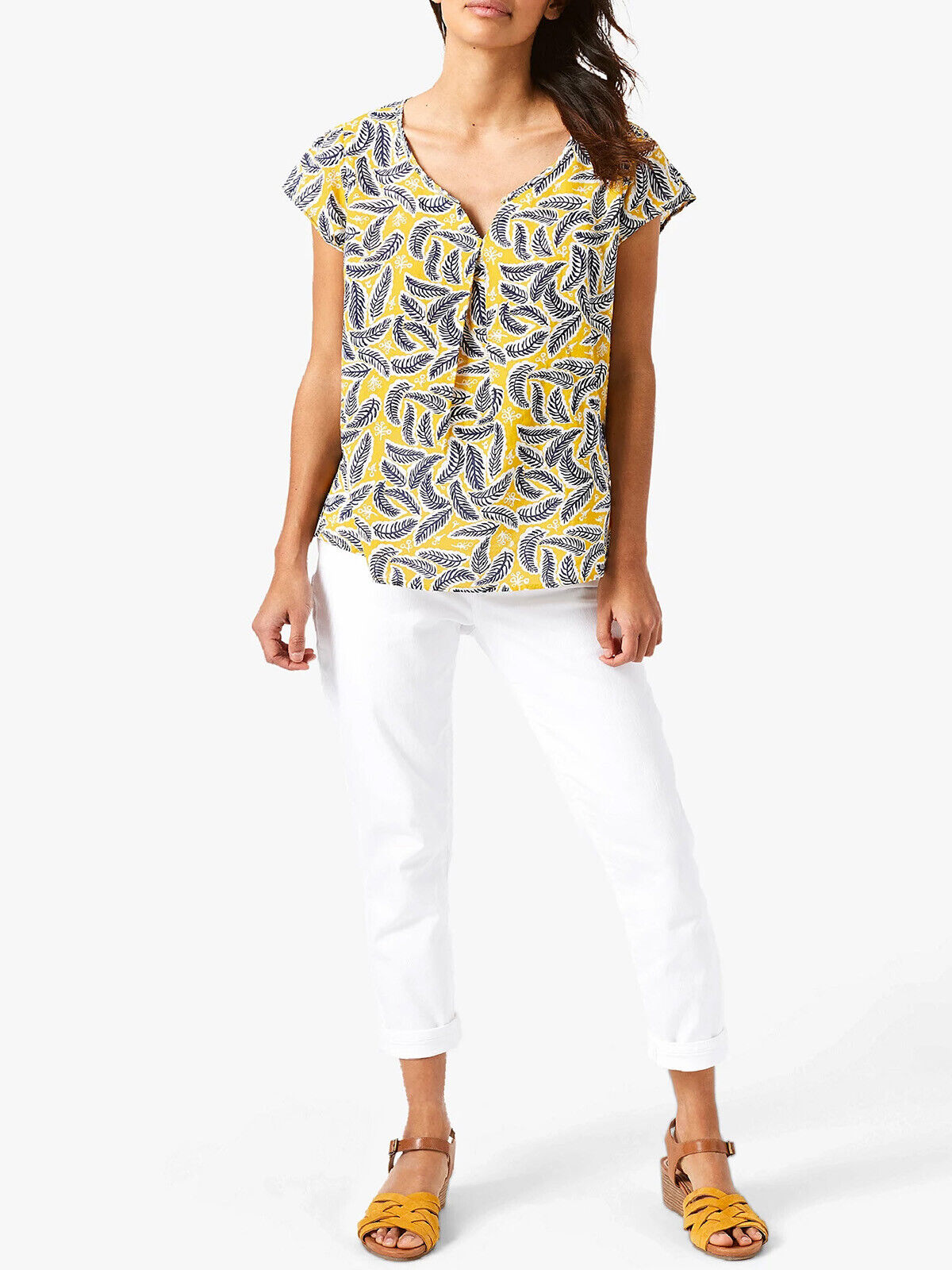 EX White Stuff Yellow Camelia Pure Cotton Printed Top in Size 10 RRP £32