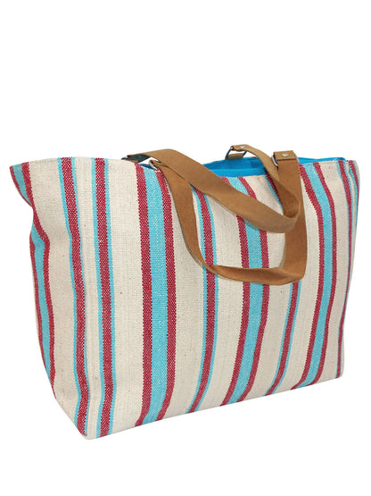 Blue Striped Leather Handle Canvas Shopper Bag