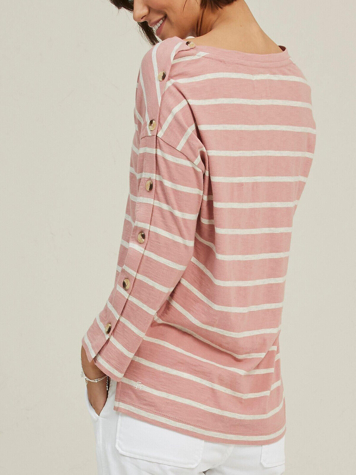 EX Fat Face Pink Shrimp Kinsley Drop Shoulder Stripe Top in Size 8 RRP £29.50