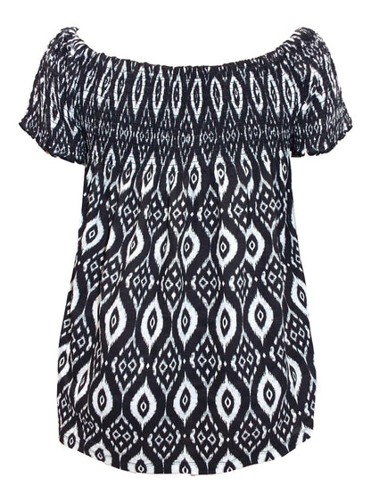 EX YOURS Black White IKAT Print Smock Bardot Jersey Top in Size 16