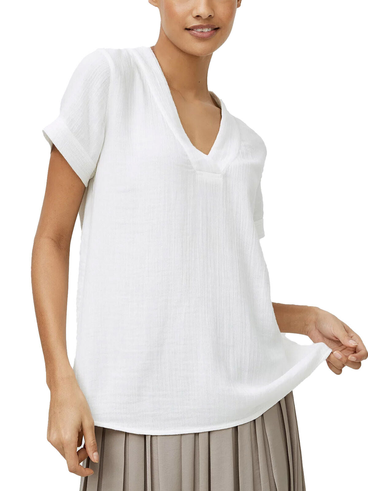 EX White Company Ivory Double Cotton Crinkle V-Neck Top in Size 8 RRP £65