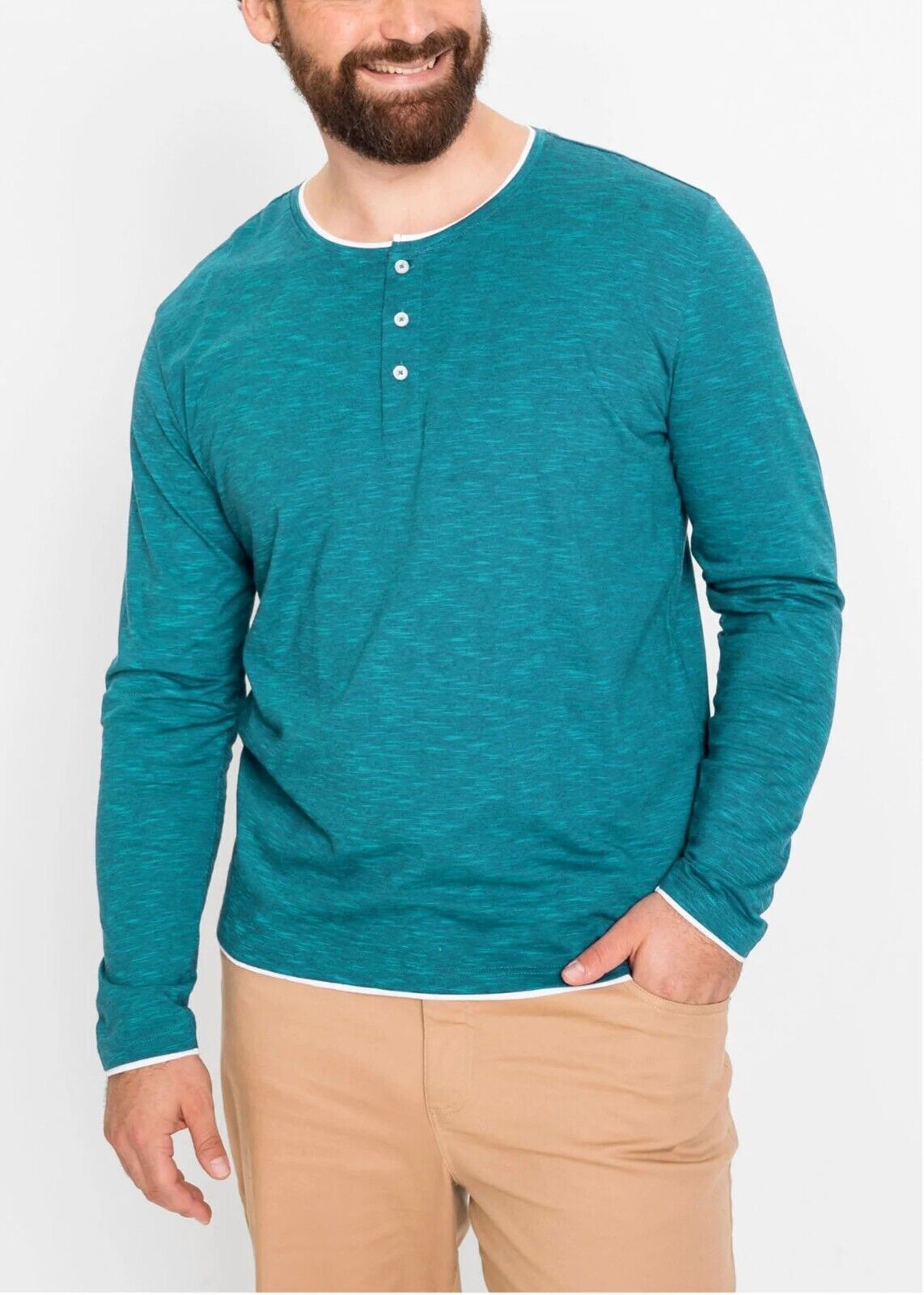 BPC Green Mens Pure Cotton Henley Neck Long Sleeve T-Shirt Sizes M or L