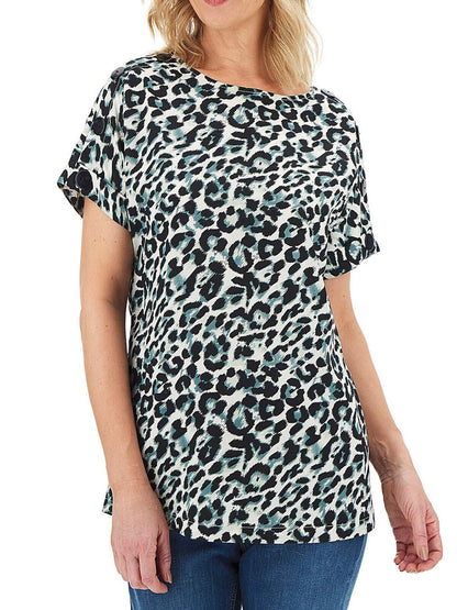 New Capsule Green Animal Print Button Detail Boxy Top in Size 30 RRP £16