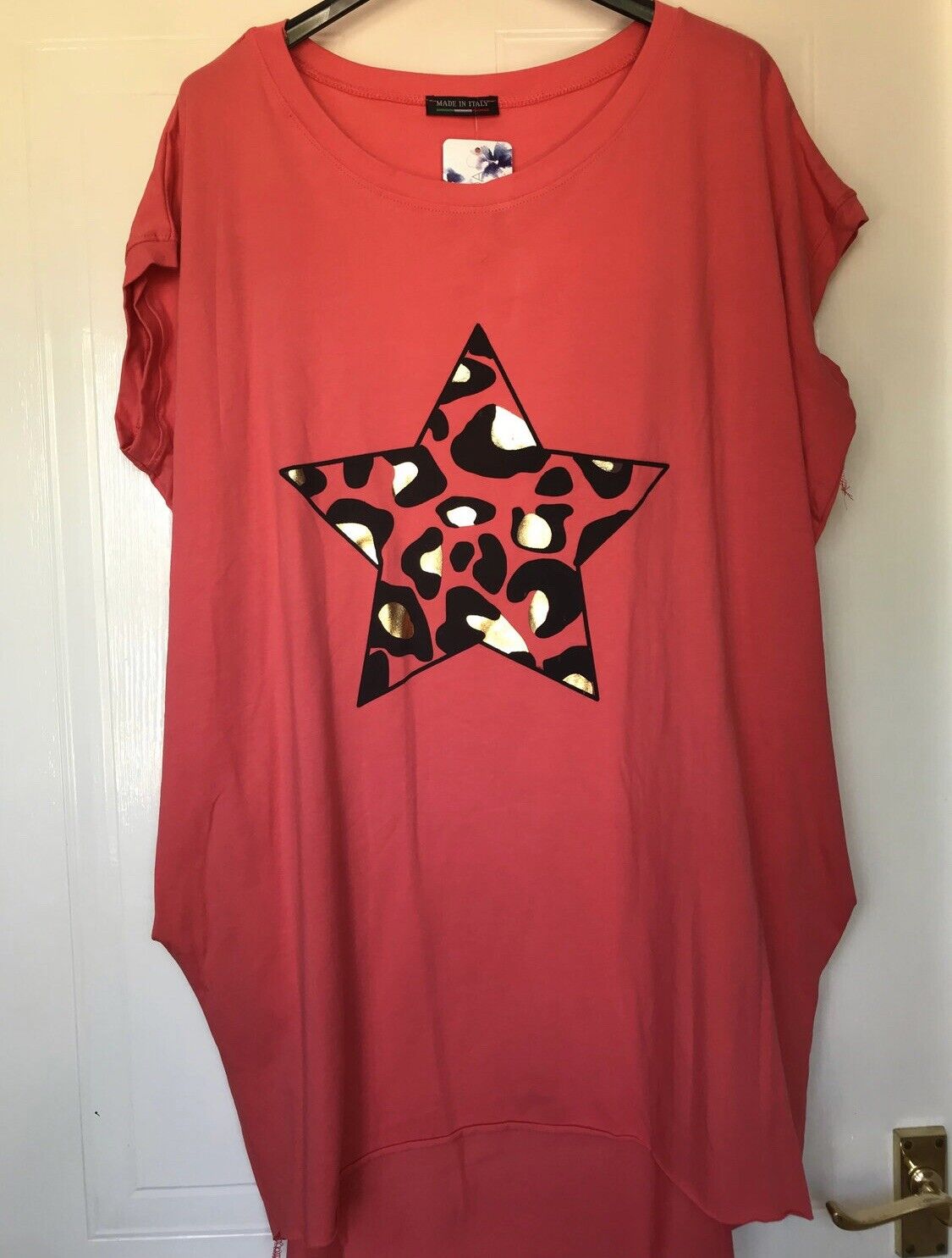 Made in Italy Coral Animal Print Star Print Dip Hem Batwing Top Side Pockets