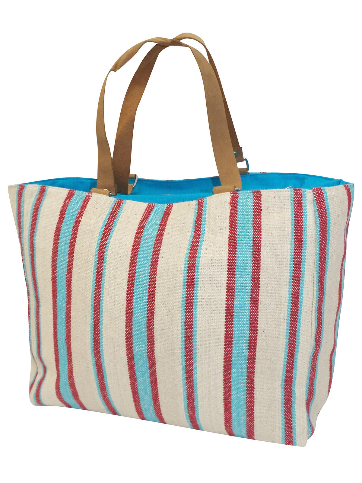 Blue Striped Leather Handle Canvas Shopper Bag