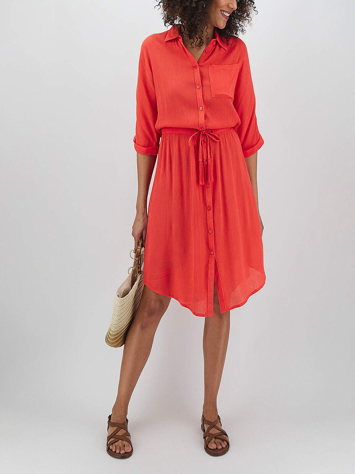 JD Williams Coral Crinkle Tie Waist Shirt Dress in Size 26
