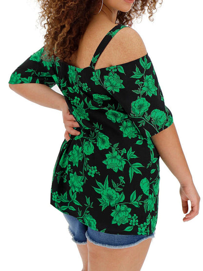 New Capsule Green Floral Print V-Neck Bardot Blouse in Size 16