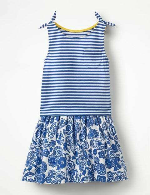 New Mini Boden Hotchpotch Jersey Dress - Duke Blue Doodle Flower Age 2-3 Years