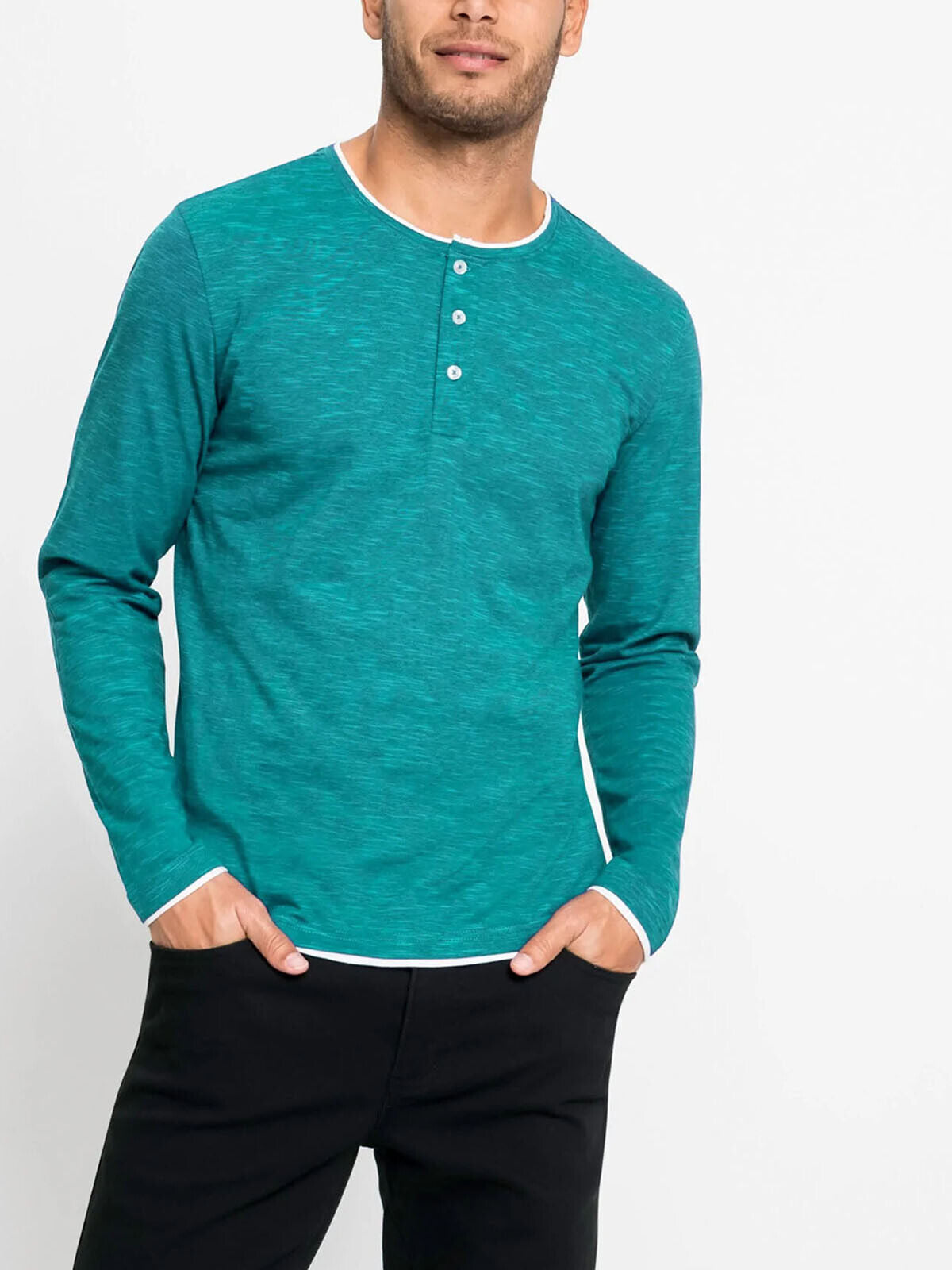 BPC Green Mens Pure Cotton Henley Neck Long Sleeve T-Shirt Sizes M or L